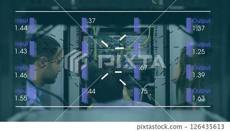 Image of data processing over diverse workers in server room 126435613