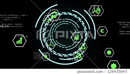Image of media icons over data processing and scope scanning 126435643