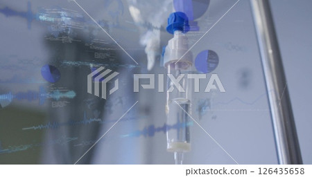 Image of data processing and diagrams over drip in hospital 126435658
