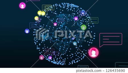 Image of media icons over globe and shapes Image of media icons over globe and shapes 126435690