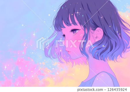 Fantastic sky and girl illustration (anime/manga/pastel colors) Fantastic sky and girl illustration (anime/manga/pastel colors) 126435924