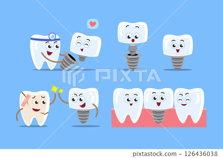 Dental implant procedure . Teeth cartoon characters . Dentist and artificial tooth . Isolated on blue background . Vector . 126436038