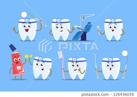 Dentist and dental equipments . Teeth cartoon characters . Isolated on blue background . Vector . 126436039