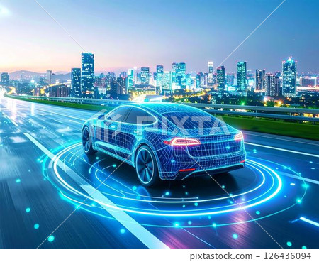 Wireframe image of an autonomous EV driving through a futuristic city Wireframe image of an autonomous EV driving through a futuristic city 126436094