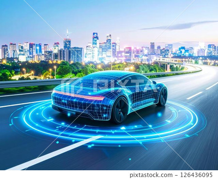 Wireframe image of an autonomous EV driving through a futuristic city 126436095