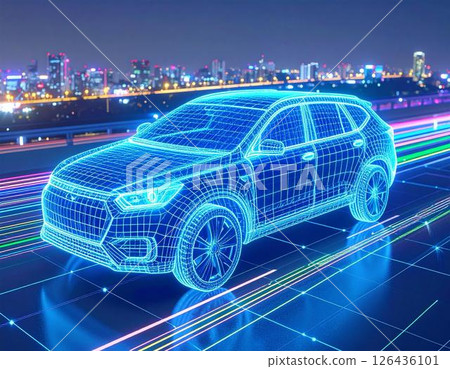 Wireframe CG image visualizing future automotive technology 126436101