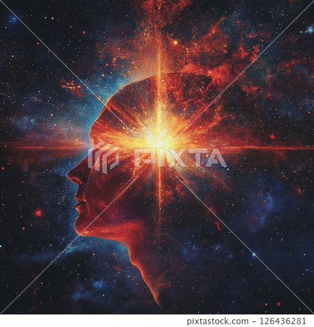 Cosmic illustration of a human silhouette with vibrant colors and a radiant explosion of light 126436281