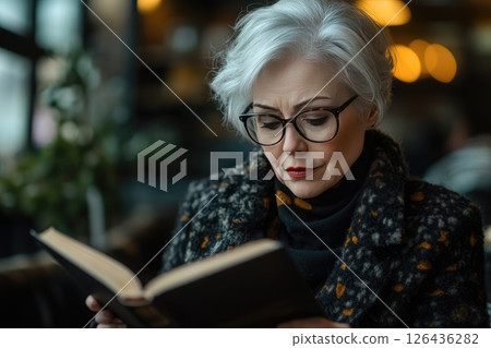 Senior woman with glasses reading a book in a cozy cafe with warm ambient lighting 126436282