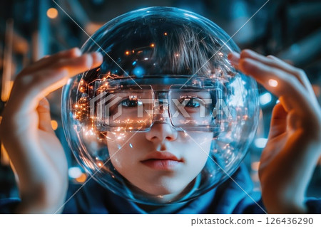 Young person wearing futuristic glasses, holding a transparent sphere with glowing lights inside 126436290