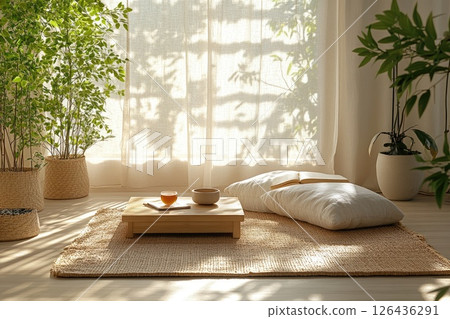 Cozy indoor space with natural light, plants, and soft cushions for relaxation and mindfulness 126436291