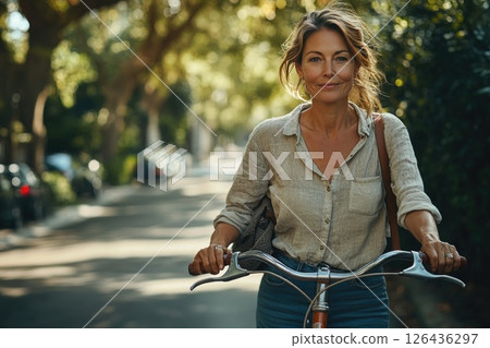 Woman riding bicycle on tree-lined street with sunlight filtering through leaves Woman riding bicycle on tree-lined street with sunlight filtering through leaves 126436297