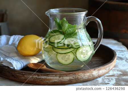 Refreshing cucumber mint water in a glass pitcher with lemon on a rustic wooden tray Refreshing cucumber mint water in a glass pitcher with lemon on a rustic wooden tray 126436298