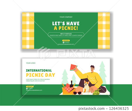 Picnic Day Social Media Horizontal Banner with Hand Drawn Cartoon Background 126436325