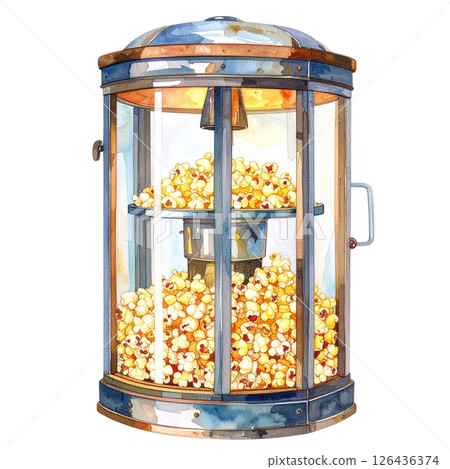 watercolor popcorn clipart bundle includes a variety of delicious snack-themed illustrations in striped buckets, paper bags, food stalls, popcorn trucks, and assorted gourmet toppings.  126436374