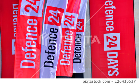 Warsaw, Poland. 7 May 2025. A view of flags with the words Defence24 on them. This is a defence conference held at the PGE National Stadium. Warsaw, Poland. 7 May 2025. A view of flags with the words Defence24 on them. This is a defence conference held at the PGE National Stadium. 126436537