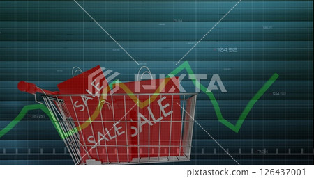 Image of data processing over shopping cart with sale bags Image of data processing over shopping cart with sale bags 126437001