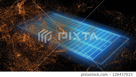 Image of neon sports field over gold specks of light on black background 126437015