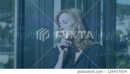 Image of financial data processing over caucasian businesswoman in office 126437034