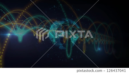 Image of network of connections over globe on black background 126437041