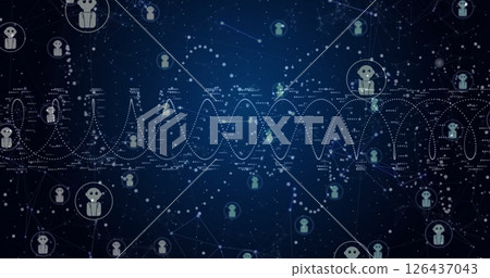 Image of network of connections over robot icons on blue background Image of network of connections over robot icons on blue background 126437043