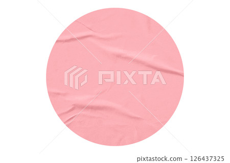 pink circle sticker with crumpled edges. Wrinkled round paper isolated on transparent background. pink circle sticker with crumpled edges. Wrinkled round paper isolated on transparent background. 126437325