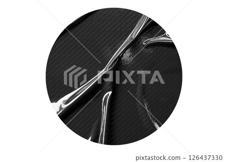 black circle sticker with crumpled edges. Wrinkled round paper isolated on transparent background. black circle sticker with crumpled edges. Wrinkled round paper isolated on transparent background. 126437330