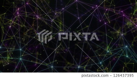 Image of network of connections over shapes on black background 126437395