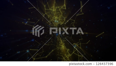 Image of network of connections over blue spots on black background 126437396