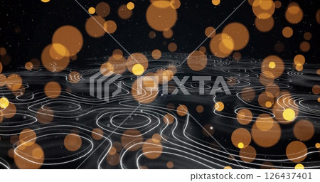 Image of yellow spots and white shapes on black background Image of yellow spots and white shapes on black background 126437401