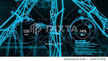 Image of speedometer and data processing over network of connections 126437408