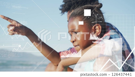 Image of financial data processing over afrcian american woman with sun by sea 126437441