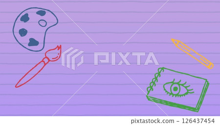 Image of education icons on purple ruled paper with copy space Image of education icons on purple ruled paper with copy space 126437454