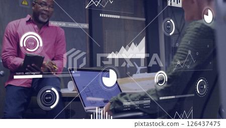 Image of financial data processing over diverse business people in office 126437475