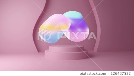 Colorful abstract shapes floating over pink pedestal in image 126437522