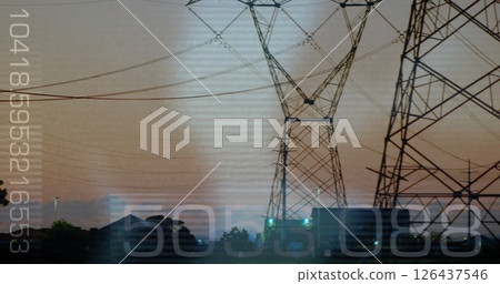 Power lines and transmission towers over data processing image with numbers Power lines and transmission towers over data processing image with numbers 126437546