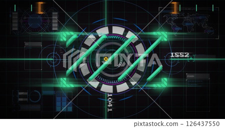 Futuristic HUD image with rotating elements and data processing indicators Futuristic HUD image with rotating elements and data processing indicators 126437550