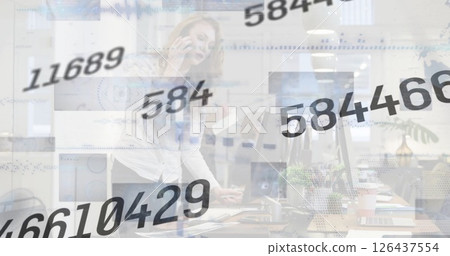 Numbers and data image over business people working in modern office Numbers and data image over business people working in modern office 126437554