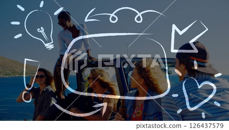 Friends enjoying beach trip with doodle image of lightbulb, arrows, and heart 126437579