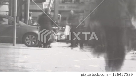 Crowd of people walking, blurred motion image over city street Crowd of people walking, blurred motion image over city street 126437589