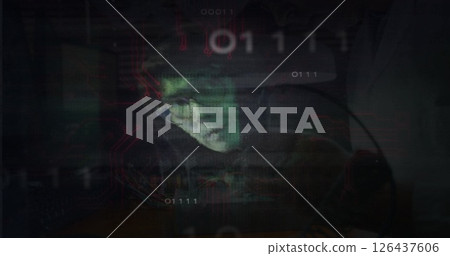 Binary code and circuit image over person working on computer 126437606