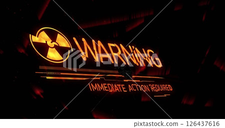Warning and immediate action required text image with radiation symbol on dark background Warning and immediate action required text image with radiation symbol on dark background 126437616