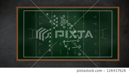 Football strategy diagram image over green chalkboard background Football strategy diagram image over green chalkboard background 126437626