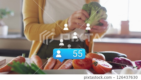 Preparing vegetables, social media follower count image over kitchen scene Preparing vegetables, social media follower count image over kitchen scene 126437630