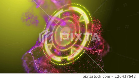 Circular digital interface with glowing arrows and particles image Circular digital interface with glowing arrows and particles image 126437648