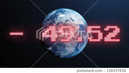 Rotating Earth with red numerical data image over space background Rotating Earth with red numerical data image over space background 126437656