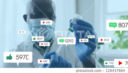 Doctor holding syringe, social media engagement image over medical scene Doctor holding syringe, social media engagement image over medical scene 126437664