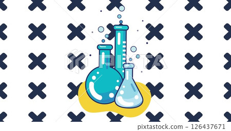 Laboratory glassware with bubbling liquids image over cross pattern background Laboratory glassware with bubbling liquids image over cross pattern background 126437671