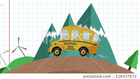 School bus driving through cityscape image with buildings and trees 126437672