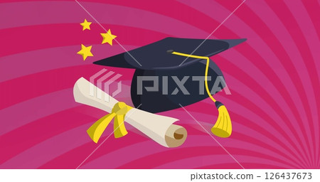 Graduation cap and diploma with stars image on pink spiral background 126437673