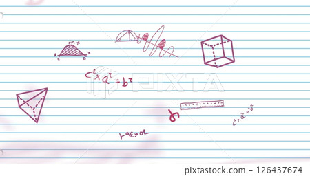 Geometric shapes and mathematical equations image over watercolor background on lined paper Geometric shapes and mathematical equations image over watercolor background on lined paper 126437674
